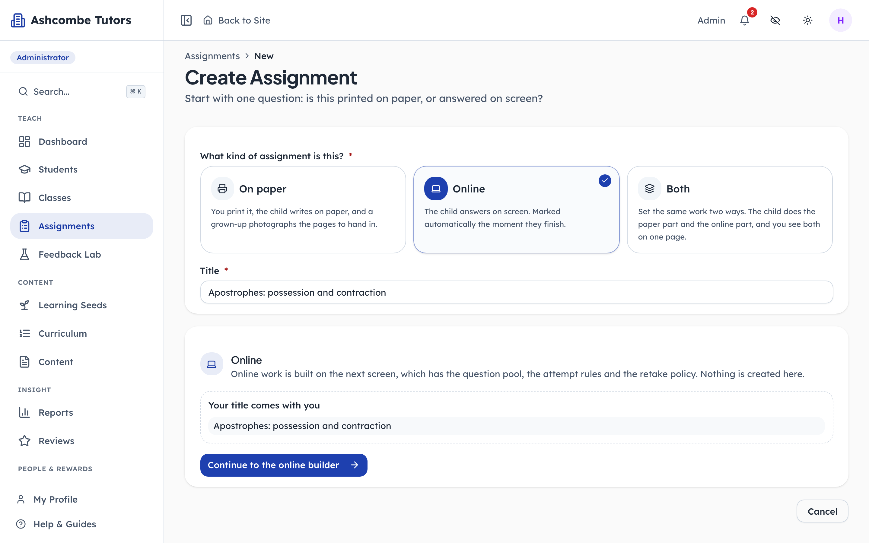 Setting work that is answered on screen