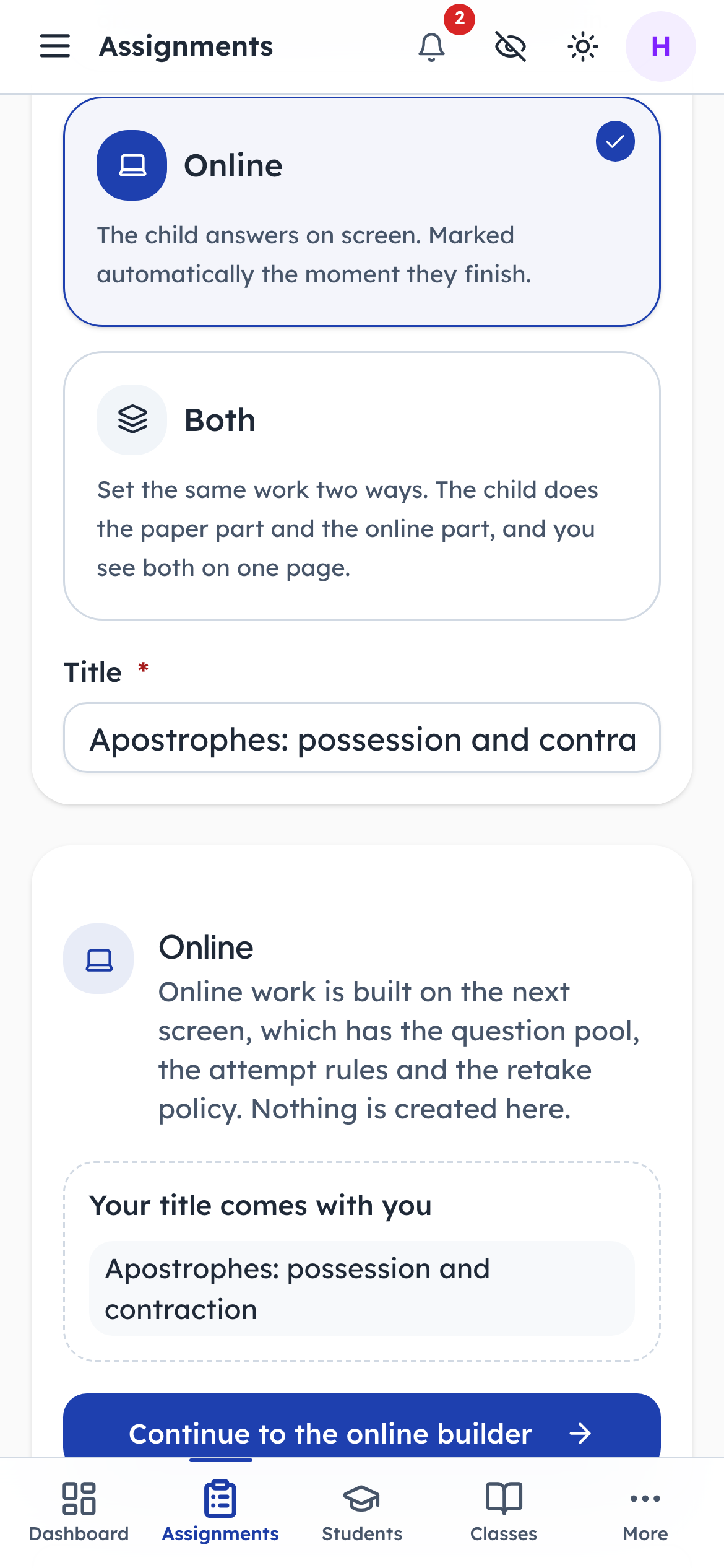 Setting work that is answered on screen