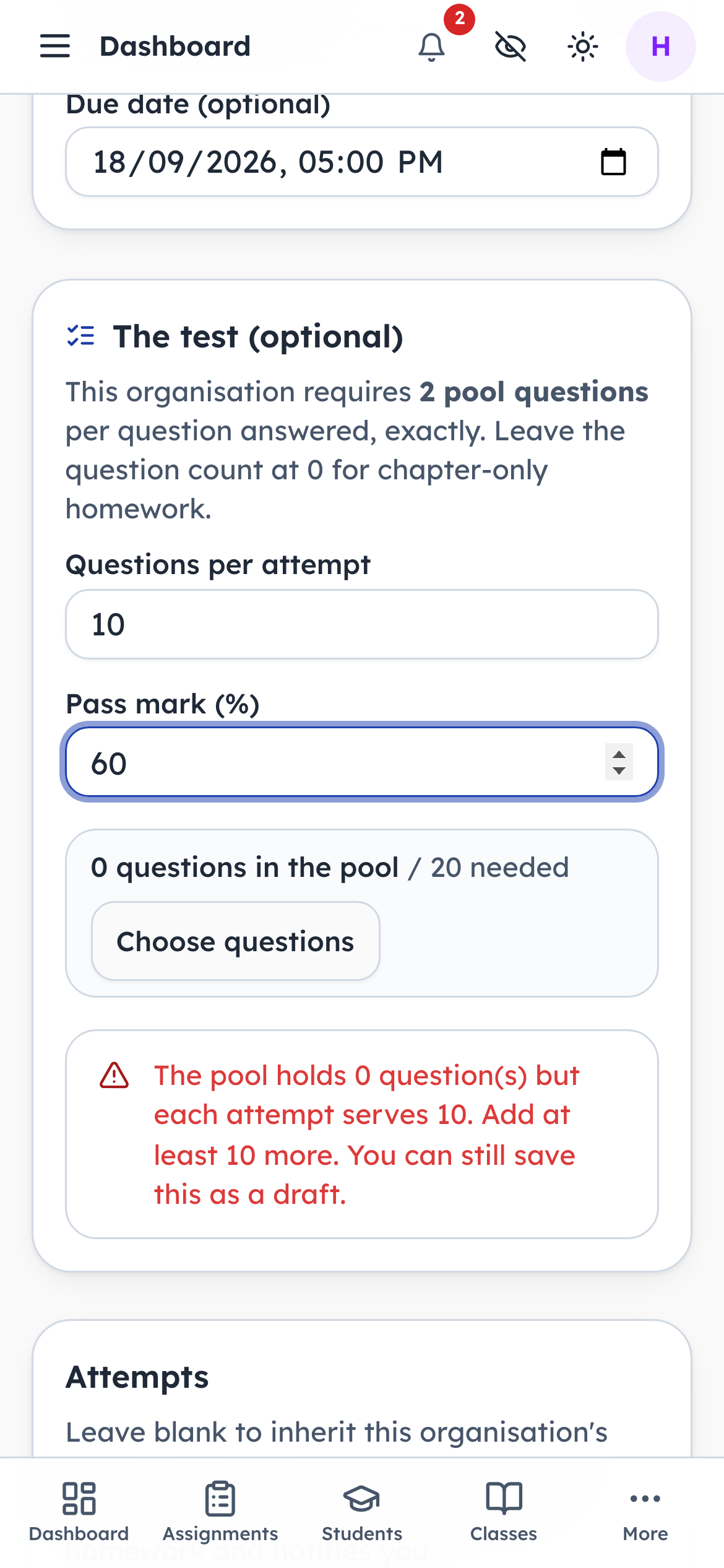 Pick the questions the quiz draws from
