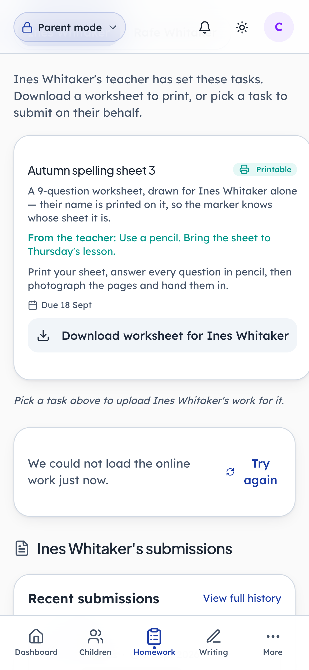 Download the sheet, printed for this child