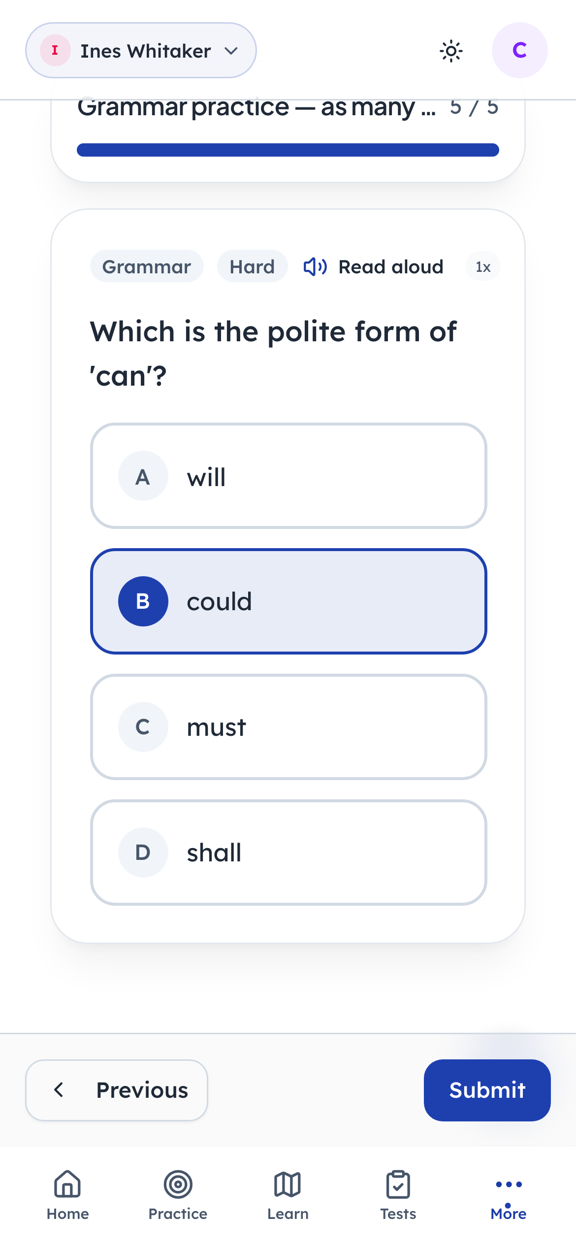 On the last question, Next becomes Submit