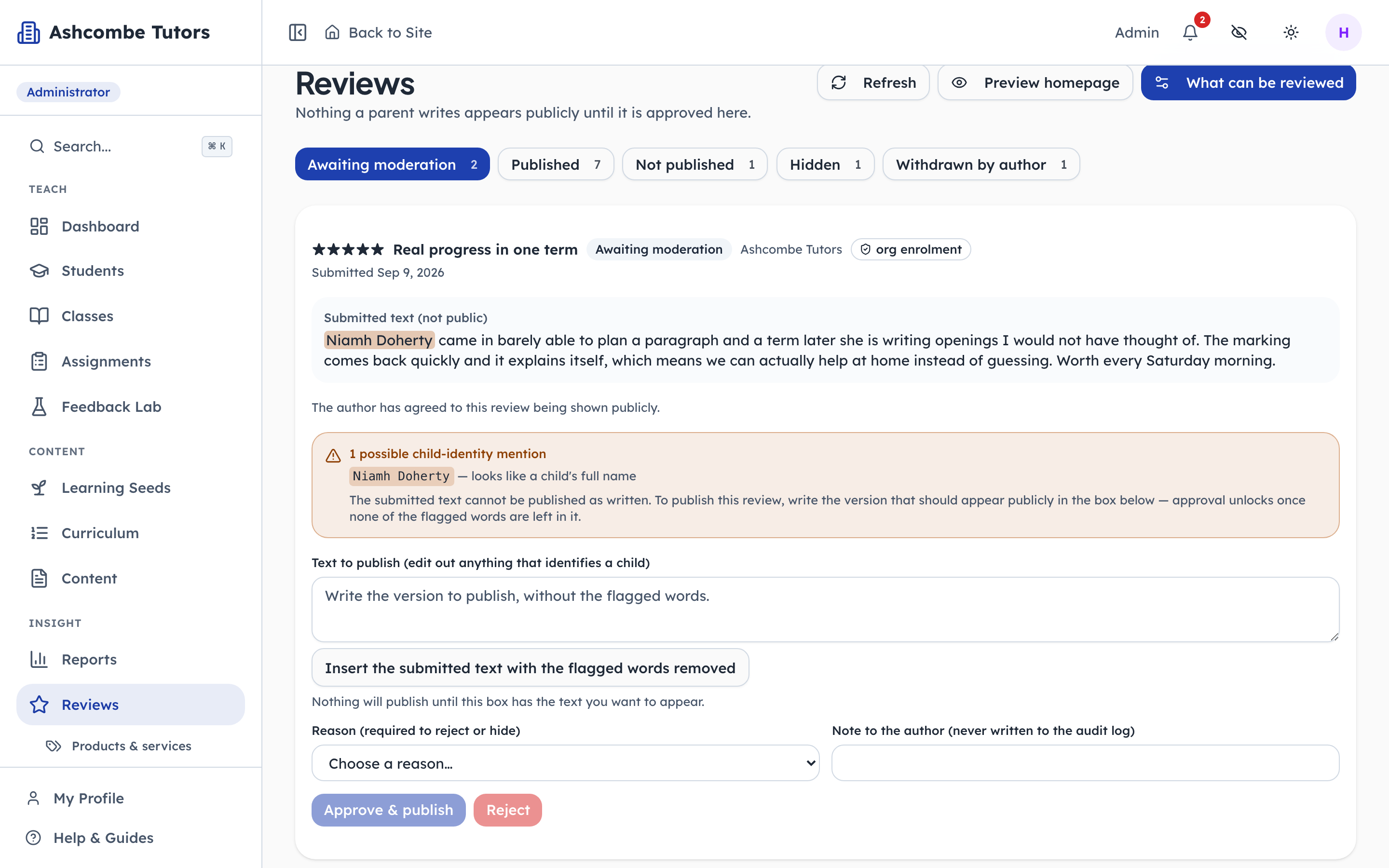 The review names a child — so it cannot be published as written