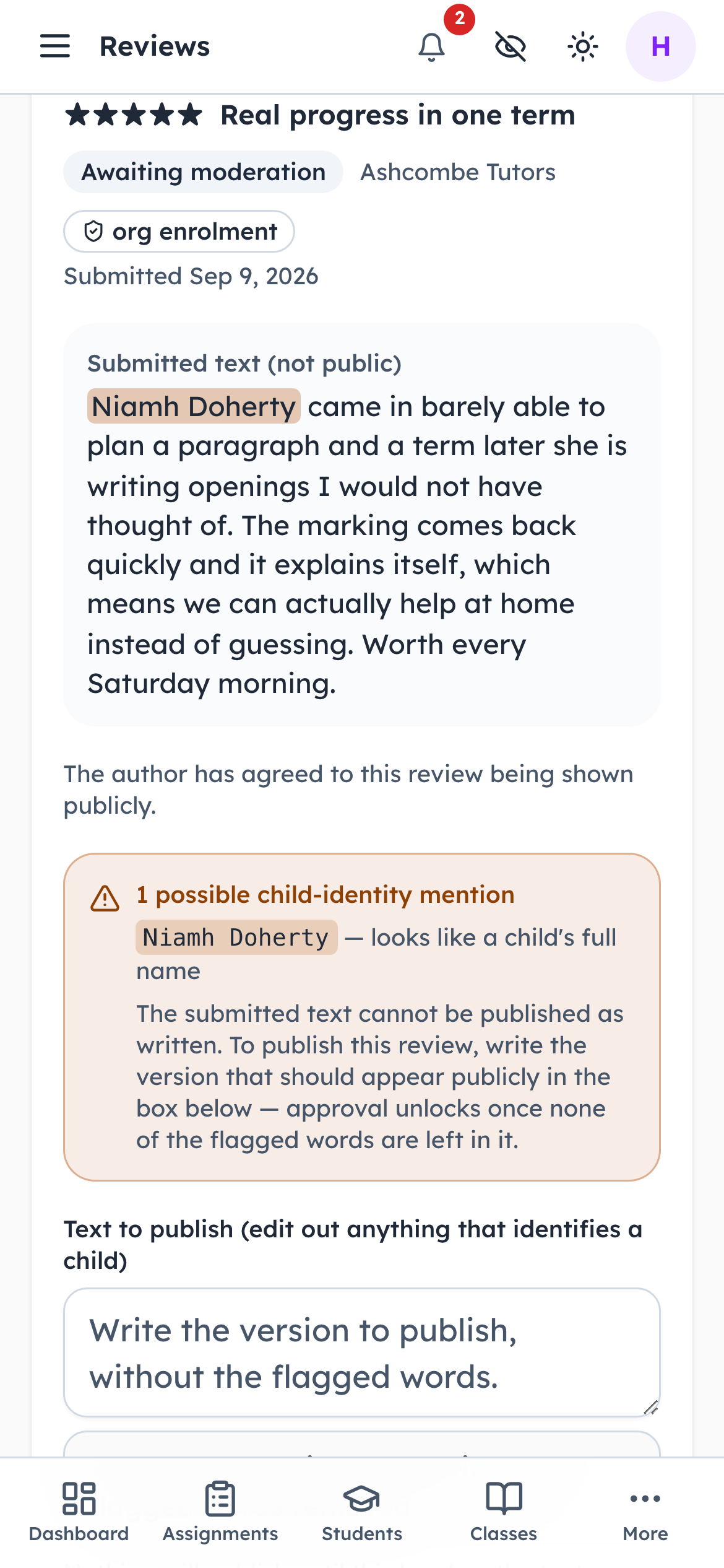 The review names a child — so it cannot be published as written
