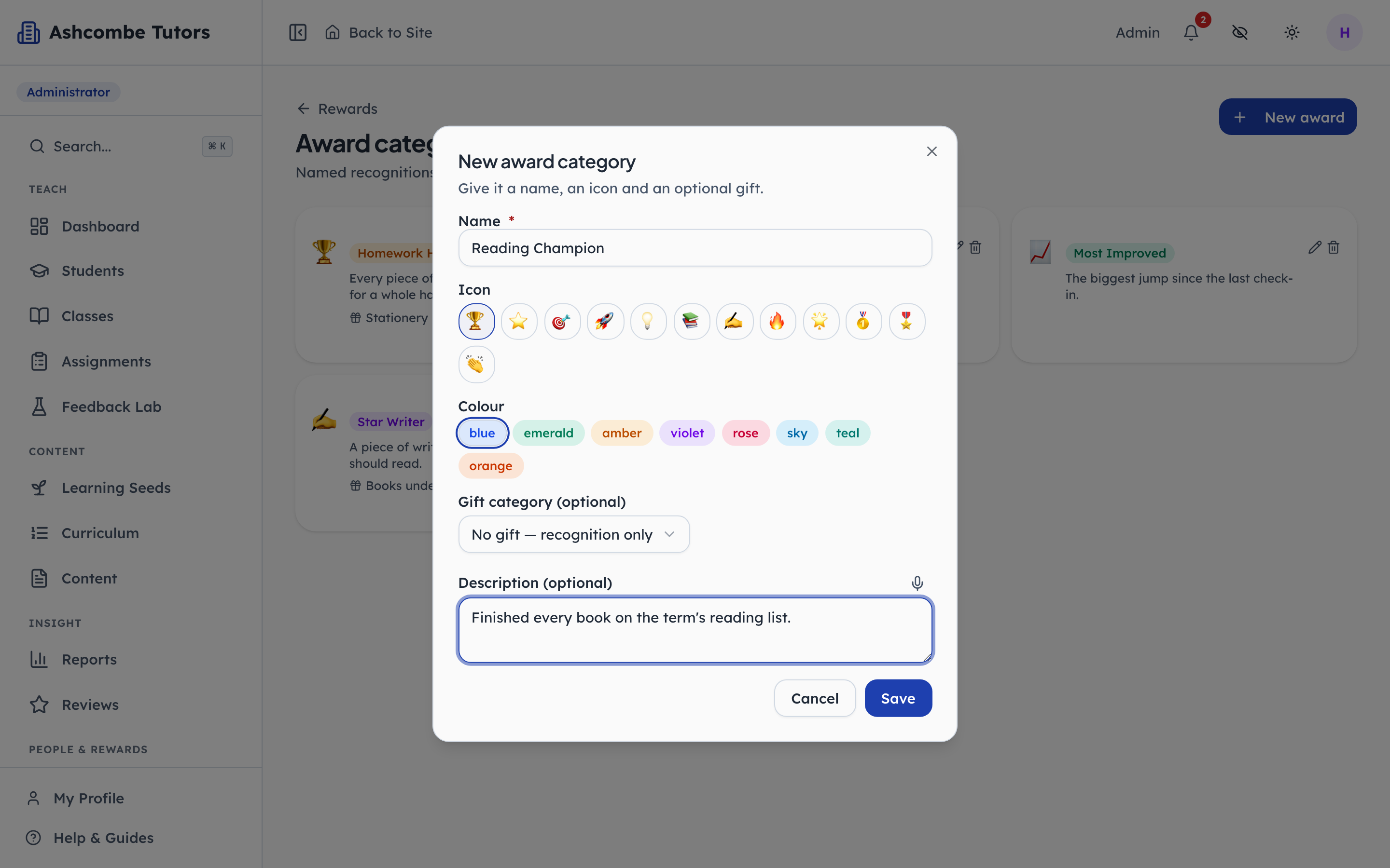 Creating an award, and choosing whether it carries a gift