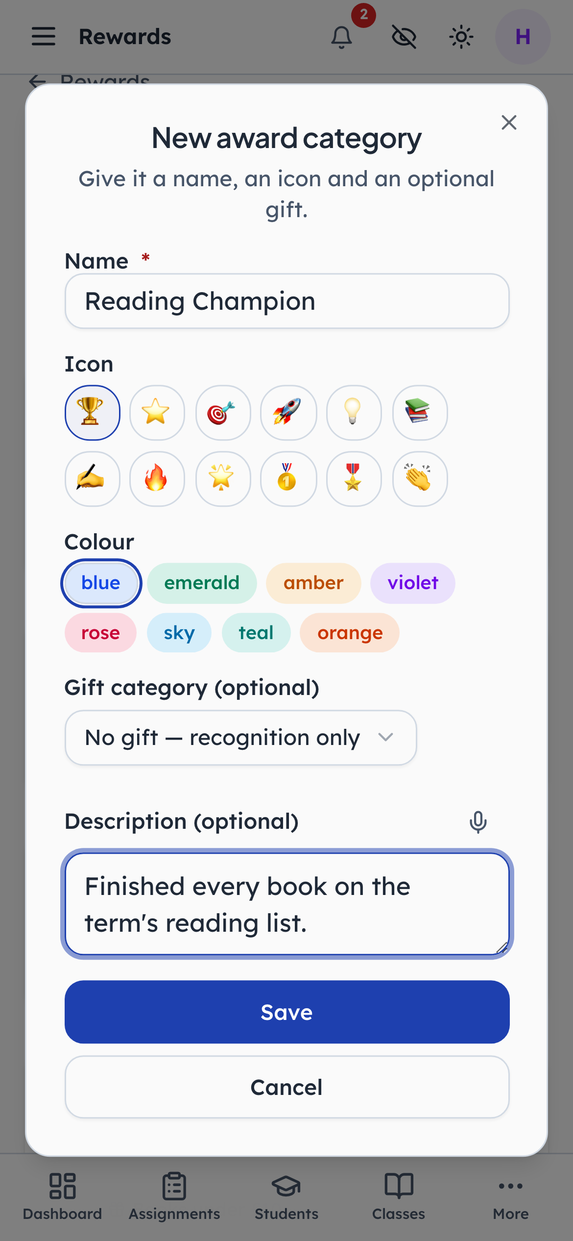Creating an award, and choosing whether it carries a gift