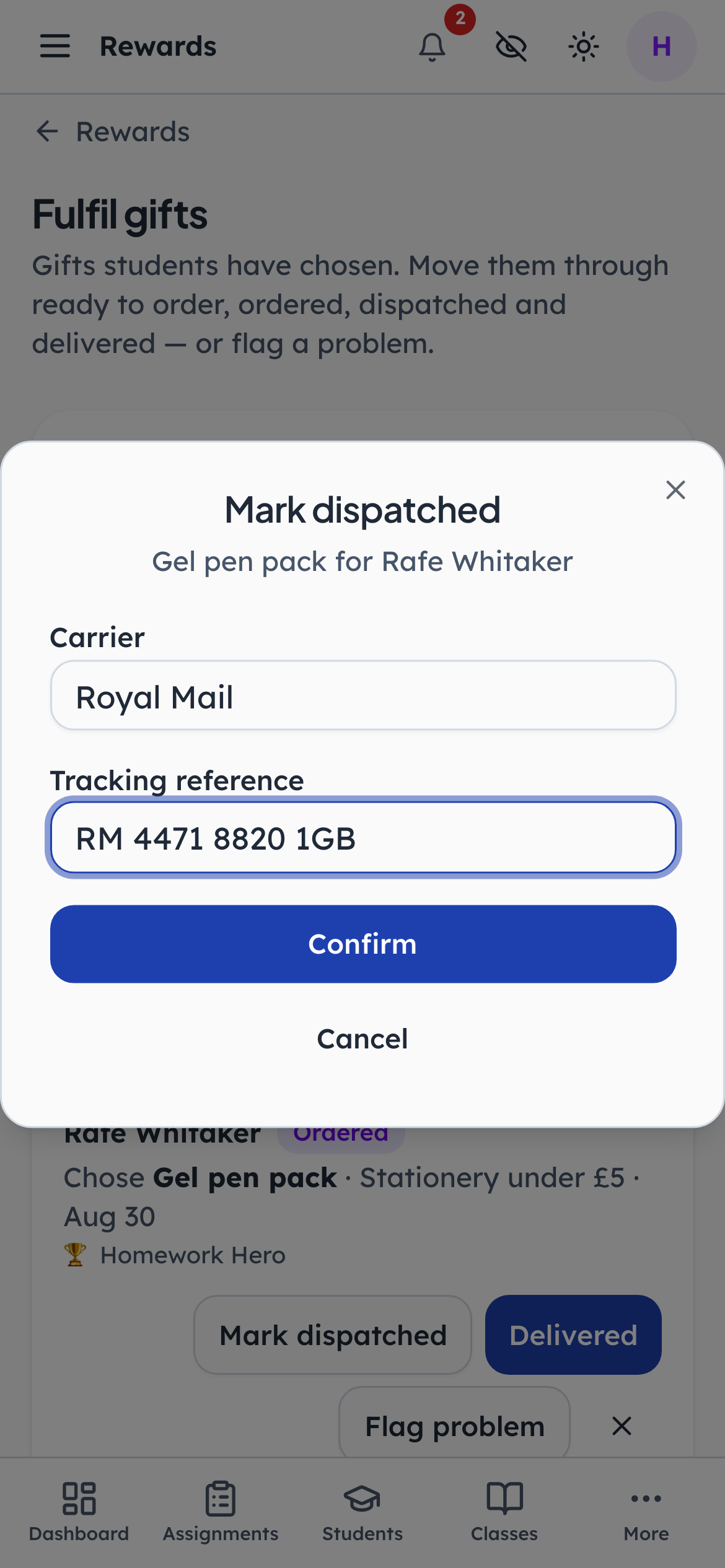 Marking a gift as dispatched, with the carrier and a tracking reference