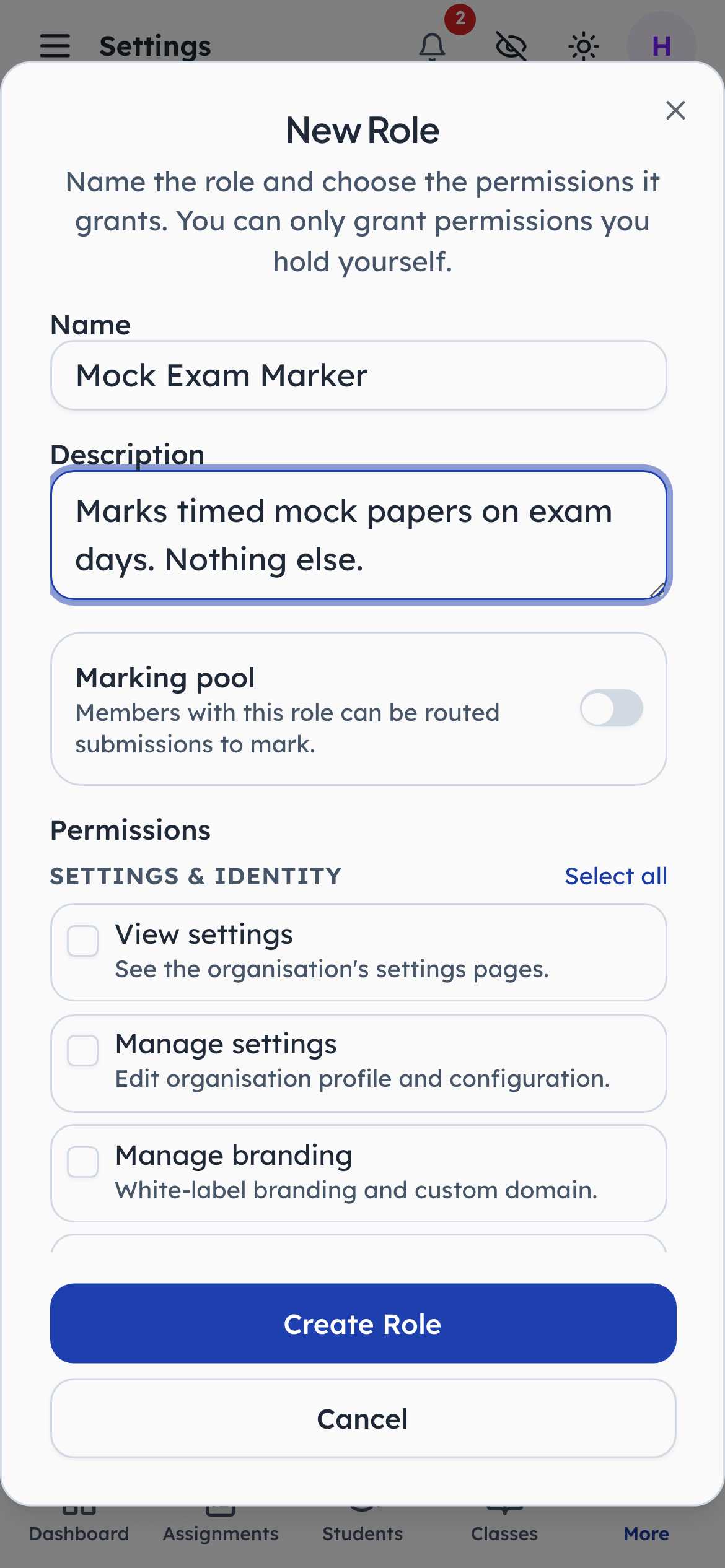 A custom role is a name and a set of ticks