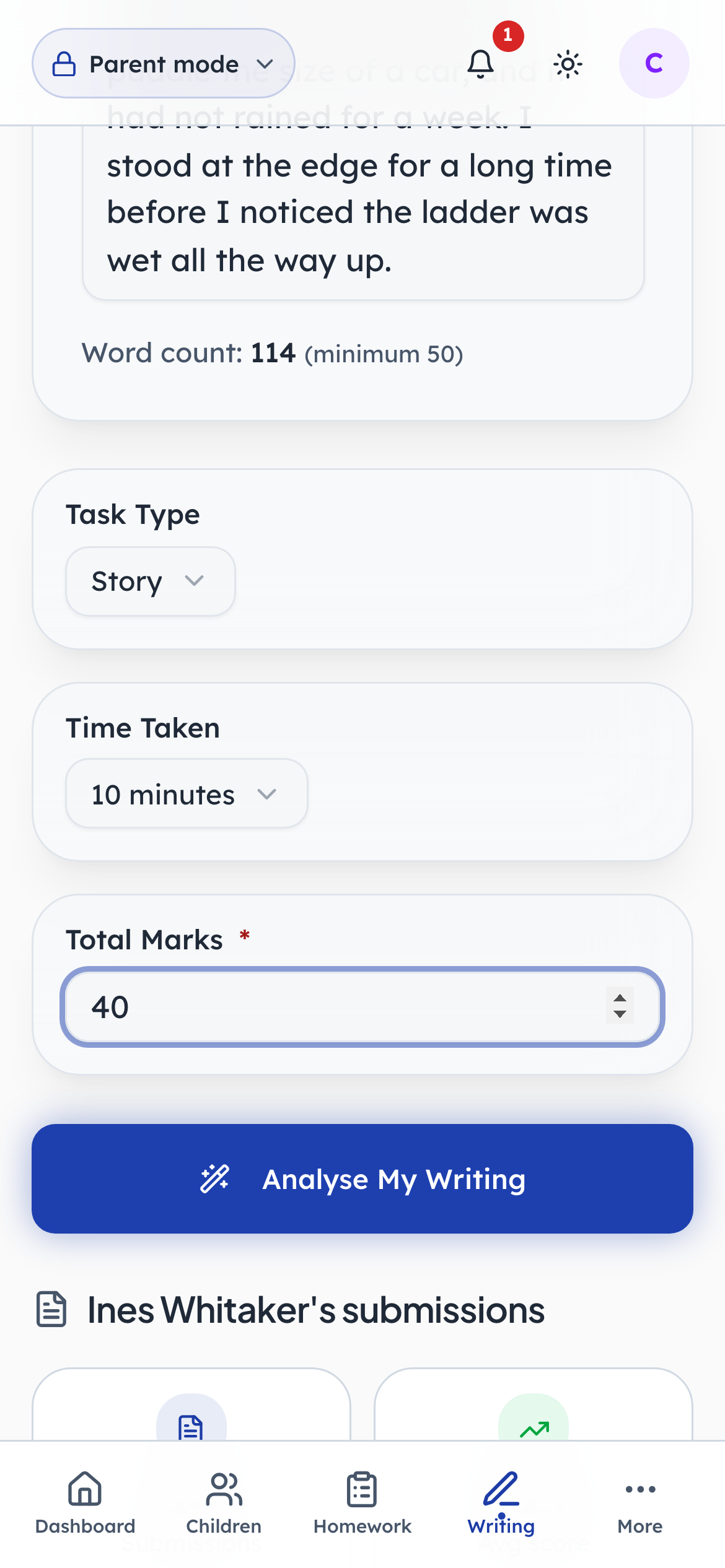 The writing, what kind of task it was, and how long it took