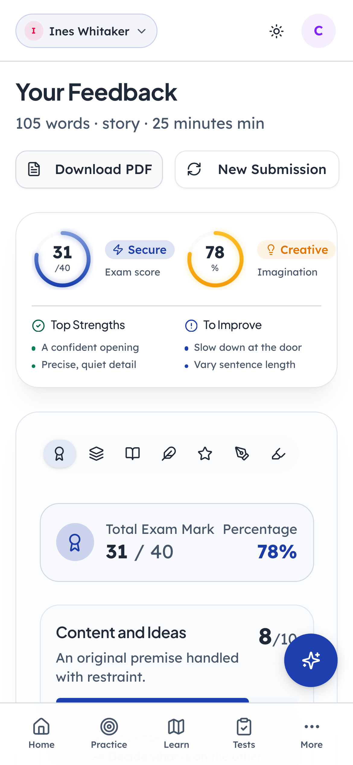 The report: a score, a band, what worked, and what to do next