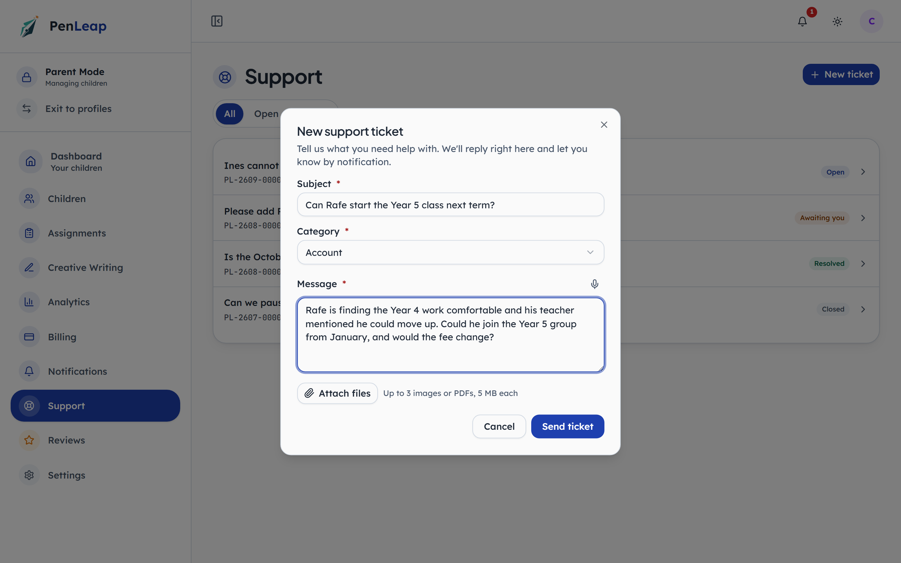 Raising a ticket: a subject, a category, and the problem in their words