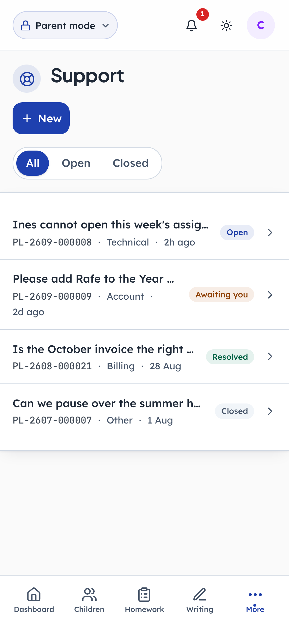 A parent's tickets, each with a reference and a status