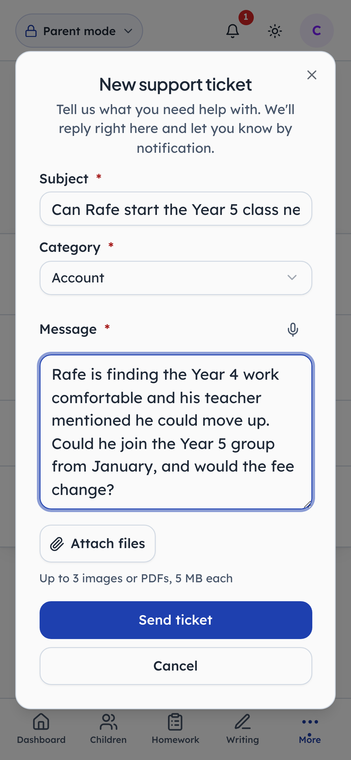 Raising a ticket: a subject, a category, and the problem in their words