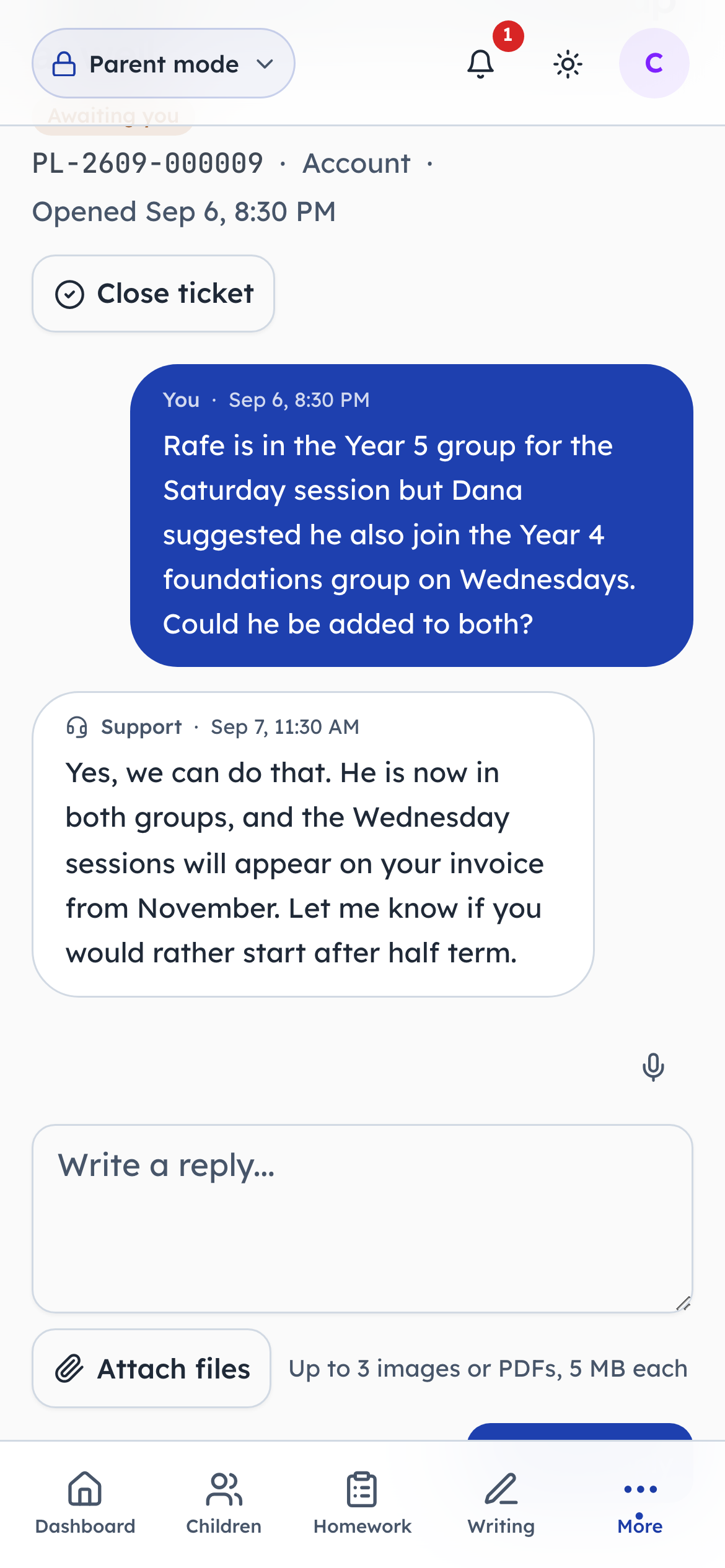 The conversation, with the centre's replies