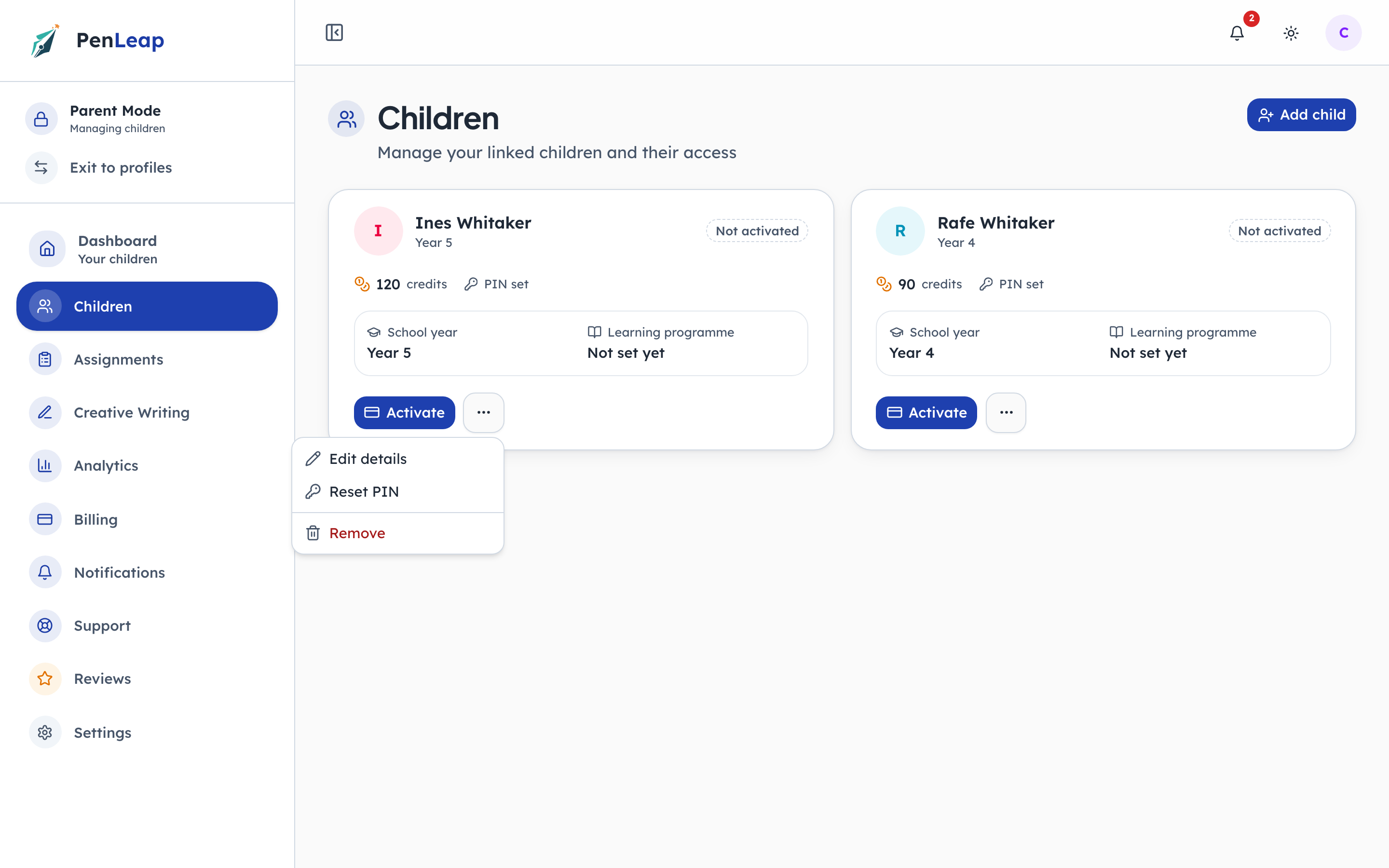 Each child needs their own four-digit PIN