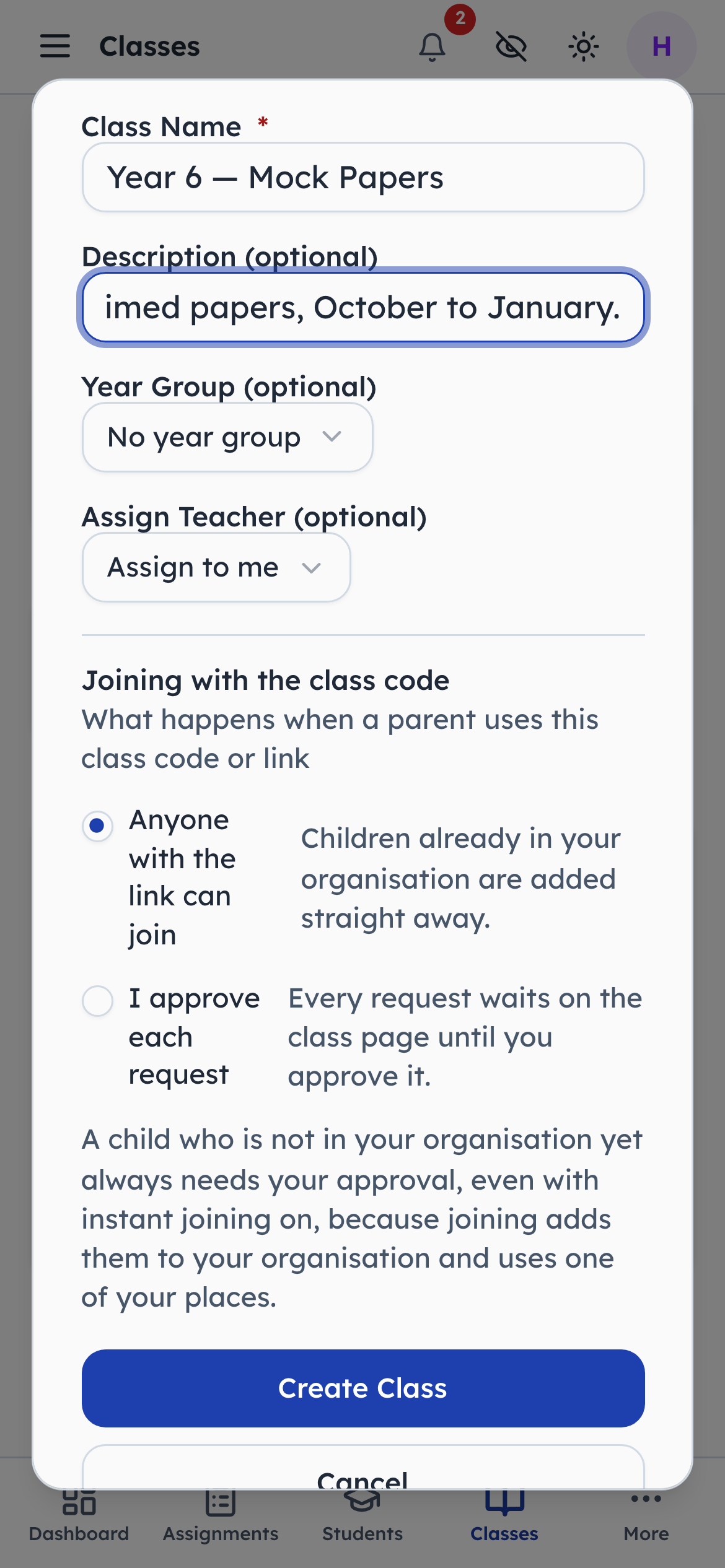 A class is a name, a year group, an owner, and a joining rule