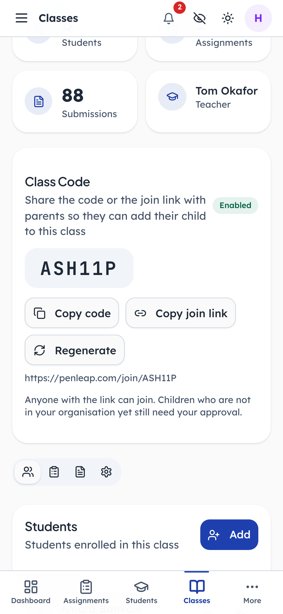 Every class has a code and a link to share with parents
