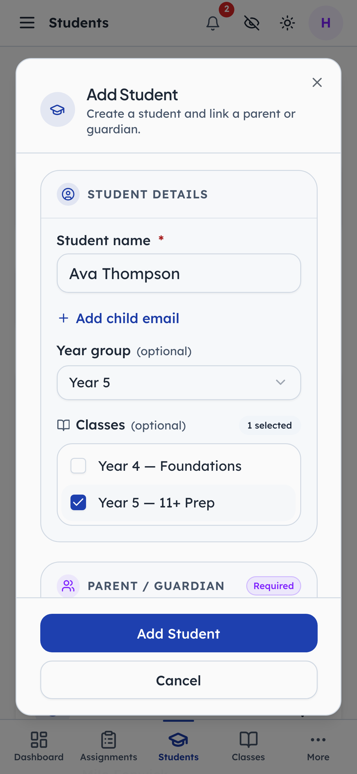 Adding a child: a name, a year, a class