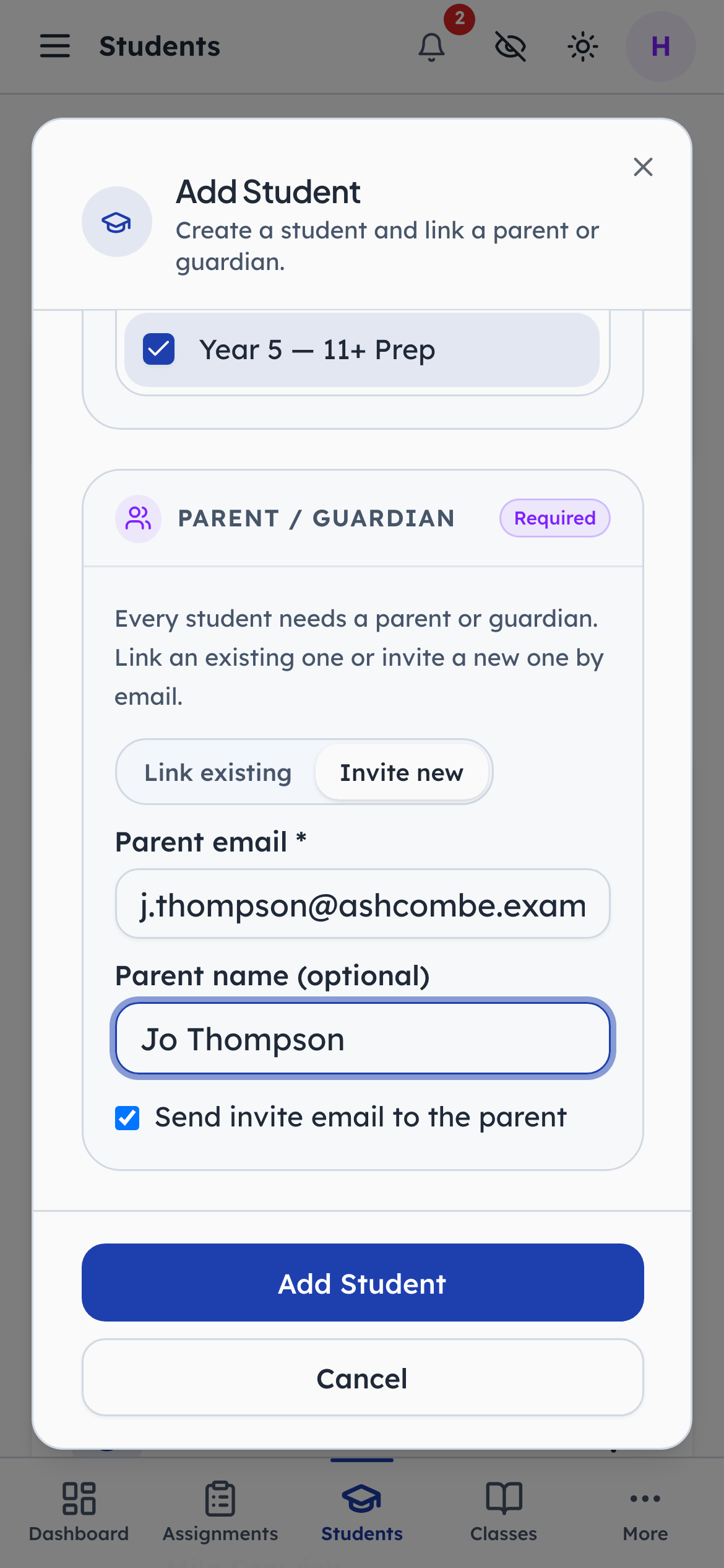 And the parent, linked now or invited by email