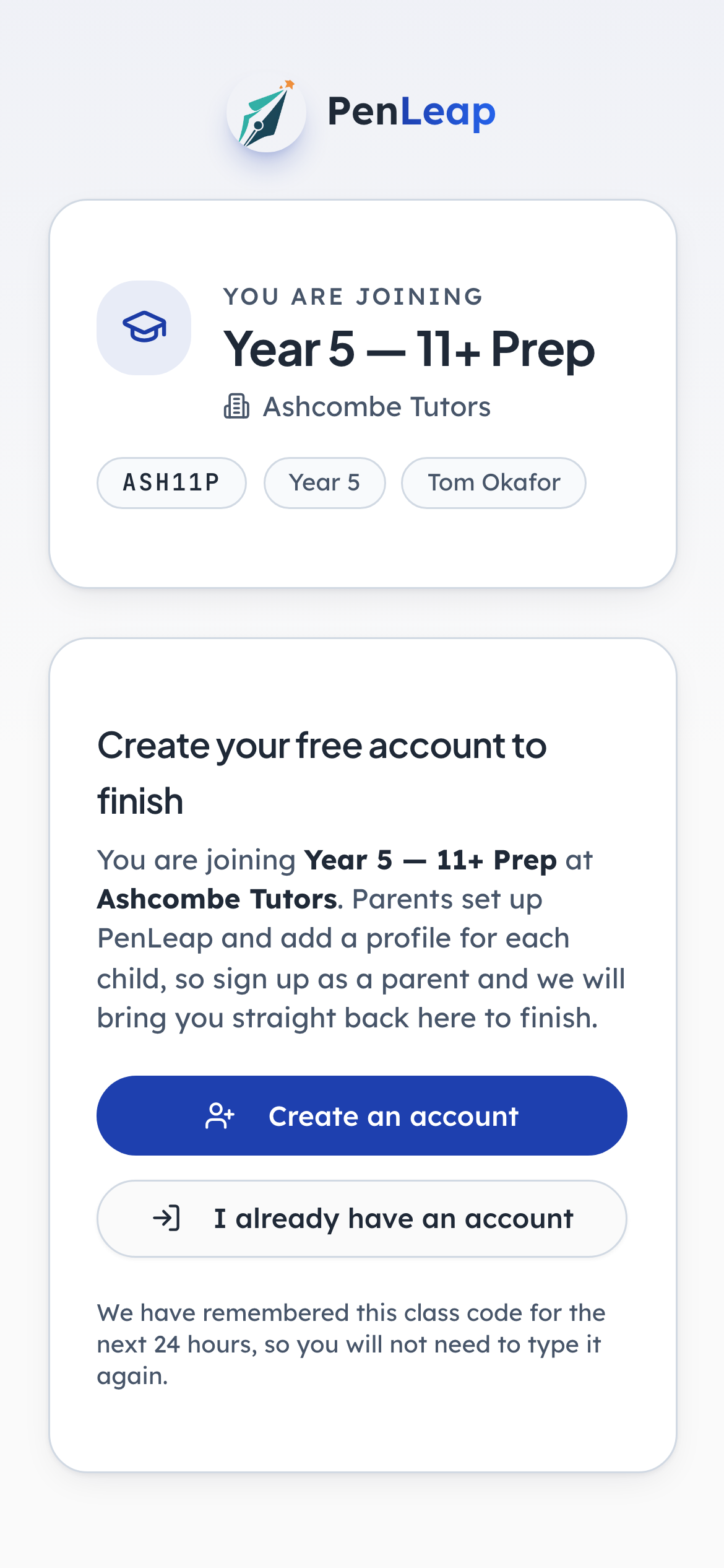 What a parent sees when they open the join link